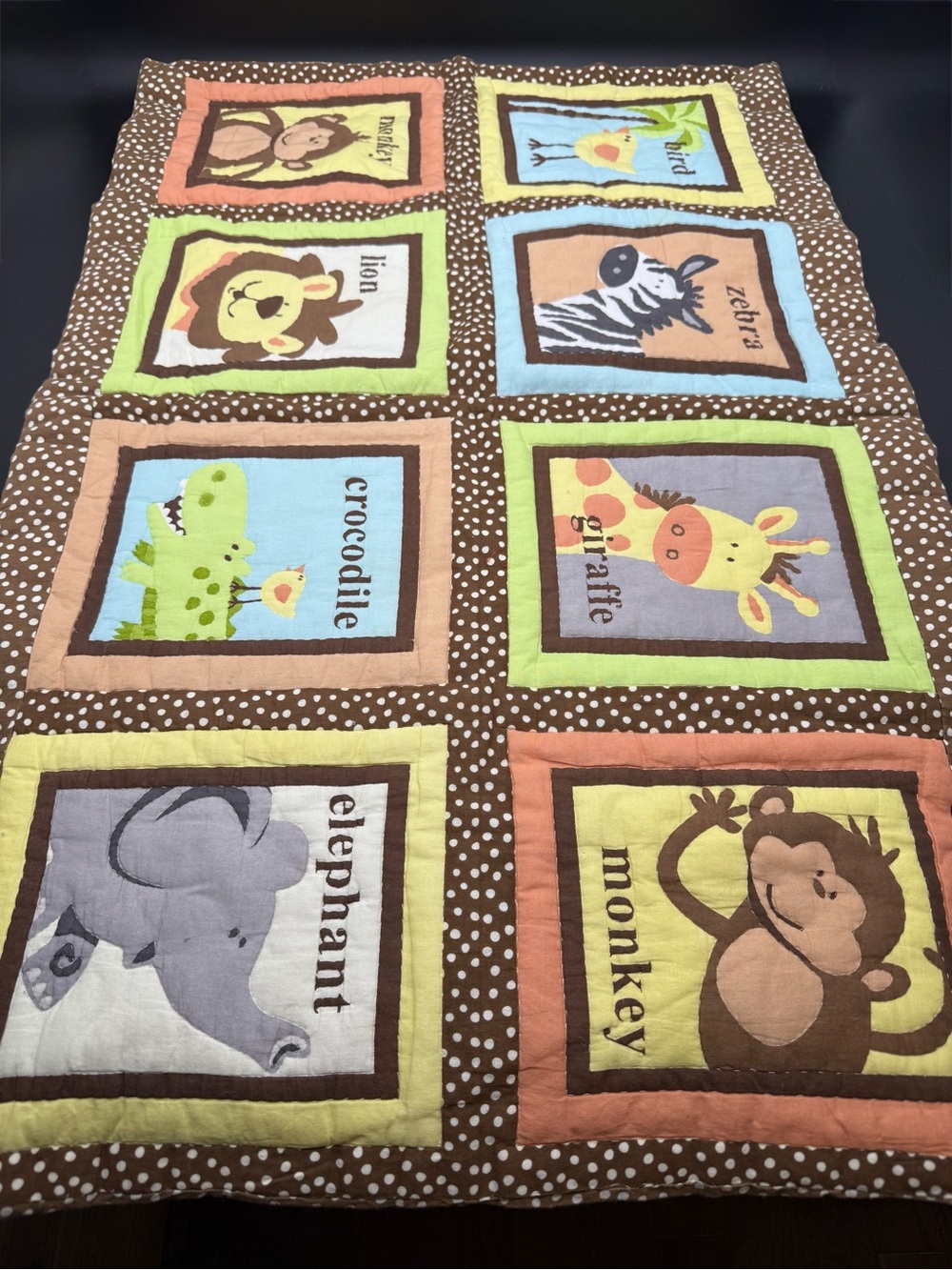 Vintage Safari Animal Patchwork Baby Quilt - Brown, Green, Blue, Yellow, Orange